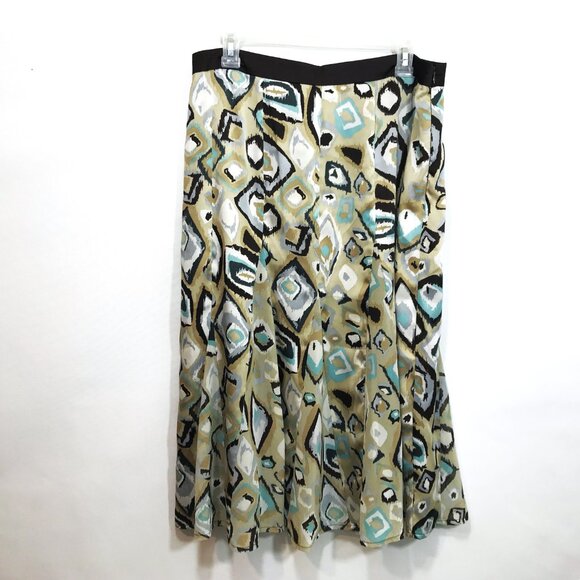 Flowy A-Line Midi Skirt Geometric Print Size 12 Brown Teal Dress Barn - Picture 2 of 5